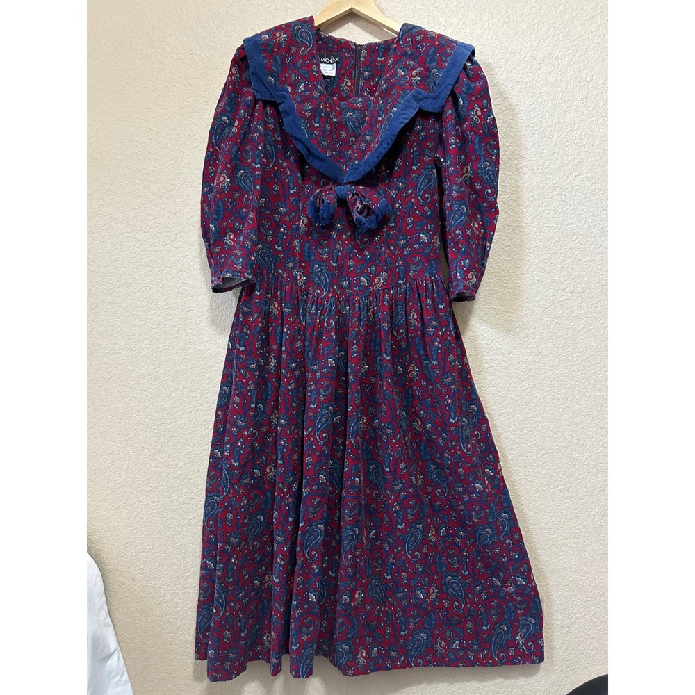 My Michelle 9/10 Vintage Corduroy Paisley Sailor Dress Red Blue Cottagecore 80s